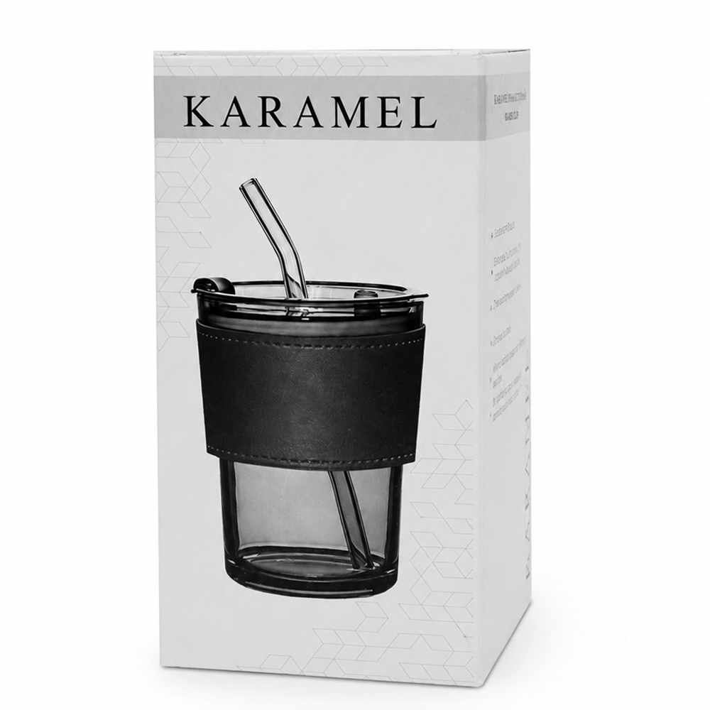 Стакан стеклянный с трубочкой и капхолдером Karamel, черный — 56003.02