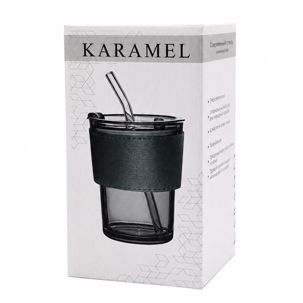Стакан стеклянный с трубочкой и капхолдером Karamel, черный — 56003.044